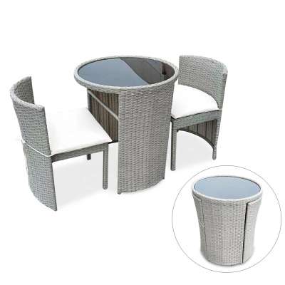 Round Grey Compact Poly Rattan Outdoor Patio Balcony Garden Furniture